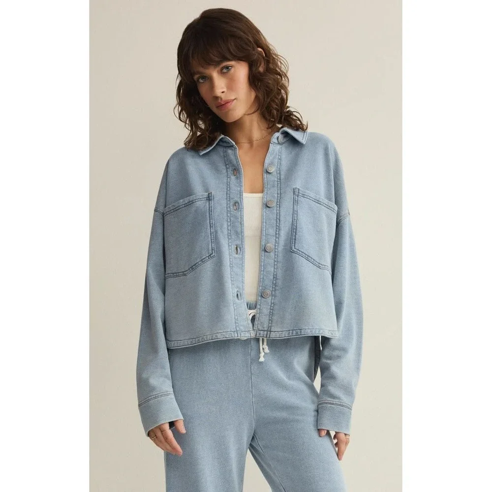 Z Supply All Day Cropped Knit Denim Jacket XS Boxy French Terry Oversized Blue